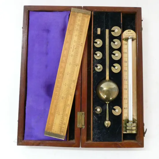 SIKES' HYGOMETER by LOFTUS, OXFORD STREET,  IN MAHOG CASE, w SCALES & THERMOMETER`